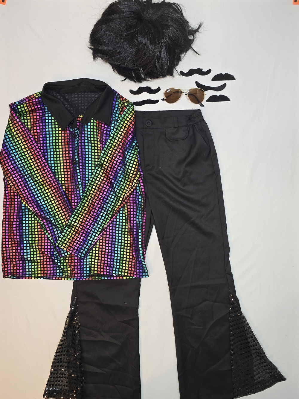 Kids 70s Disco Costume Set Rainbow Sequin Shirt Bell Bottom Pants Size 11-12